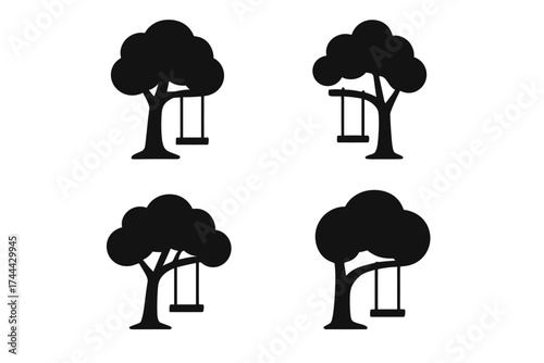 Set of tree silhouettes with swings in different designs