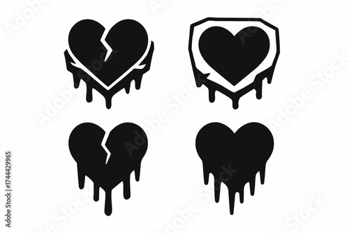 Dripping and broken heart icon set with bold black designs