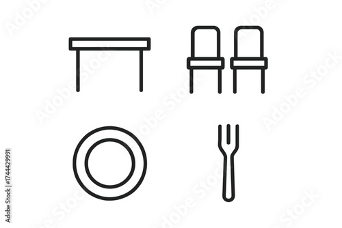 Dining room furniture set icons: table, chairs, plate, and fork line art
