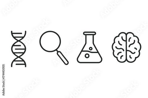 Science icons: dna, magnifying glass, chemistry flask, brain outline