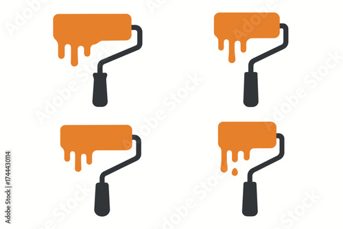 Set of four orange paint rollers with dripping paint design