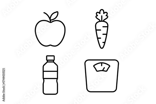 Healthy living icons set: apple, carrot, water bottle, scale for wellness