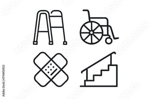 Assistive devices and accessibility icons: walker, wheelchair, stairs, bandage