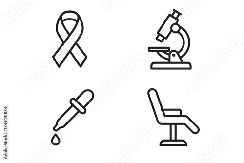 Set of line icons: awareness ribbon, microscope, dropper, and chair