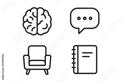 Mind, communication, comfort, and knowledge icons set