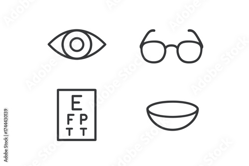 Vision icon set: eye, glasses, eye chart, contact lens symbols