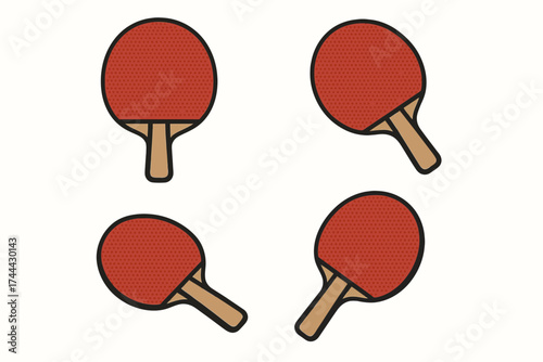 Four red table tennis paddles with wooden handles on white background
