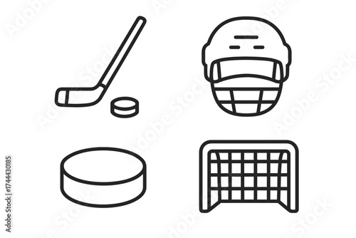 Ice hockey icons: stick, puck, helmet, and goal in simple black outline