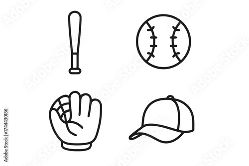 Baseball equipment icons: bat, ball, glove, cap in black outline style