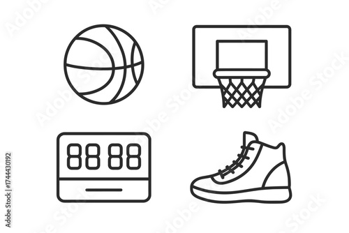 Basketball elements: ball, hoop, scoreboard, shoe illustrations