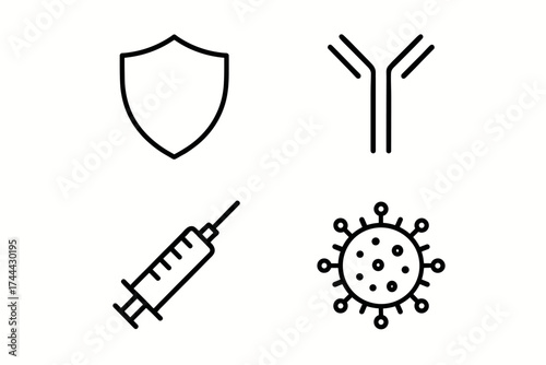 Immunity icons: shield, antibody, vaccine syringe, virus symbol