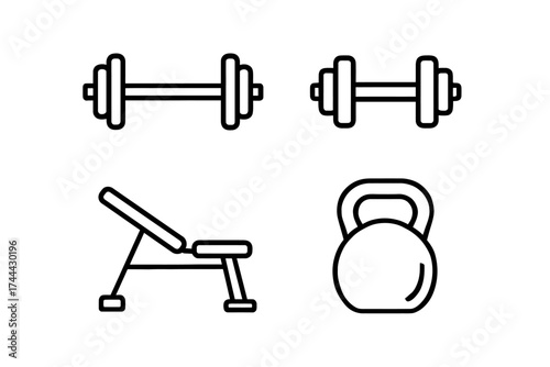 Set of gym equipment icons: barbell, dumbbell, bench, kettlebell