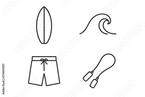 Surfboard, wave, swim shorts, and jump rope outline icons set