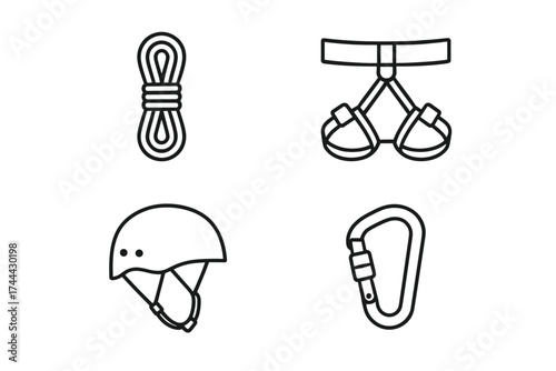 Essential climbing gear: rope, harness, helmet, and carabiner icons set