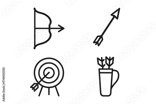 Archery icons: bow, arrow, target, quiver line art set