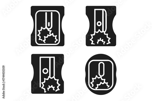 Four black and white pencil sharpener icons with shavings