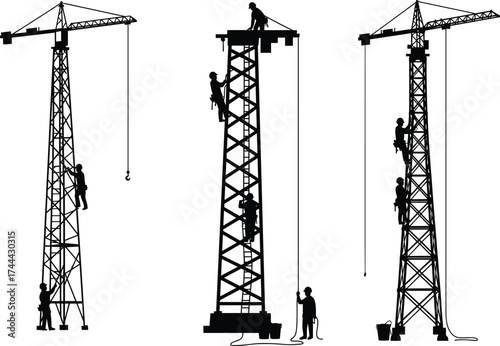 Construction workers, tower crane, silhouette teamwork, high-rise building, industrial site, crane maintenance, urban development, safety gear, engineering, scaffolding, teamwork, labor, architecture