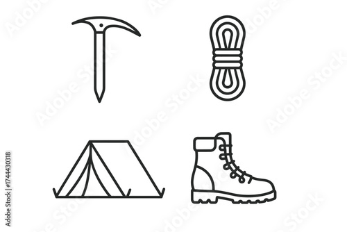 Camping and hiking essentials: ice axe, rope, tent, and boot icons