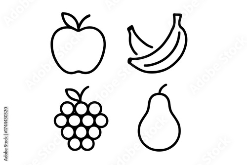 Set of minimalist fruit icons: apple, banana, grapes, pear line art