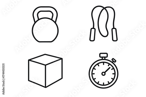 Fitness icons: kettlebell, jump rope, box, stopwatch for workout enthusiasts