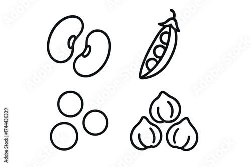 Outline icons of beans pea pods lentils and chickpeas
