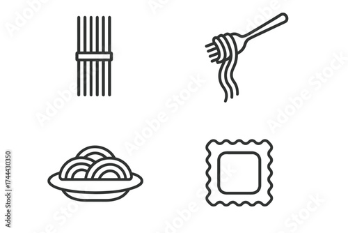 Outline icons of spaghetti, ravioli, pasta fork, and bowl of noodles on white background