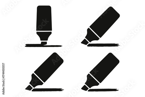 Black highlighter pens silhouette set on white background