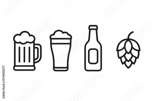 Beer icons set: mug, pint, bottle, and hop illustration