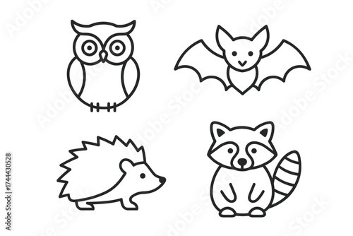 Outline illustrations of owl, bat, hedgehog, and raccoon in minimalist style