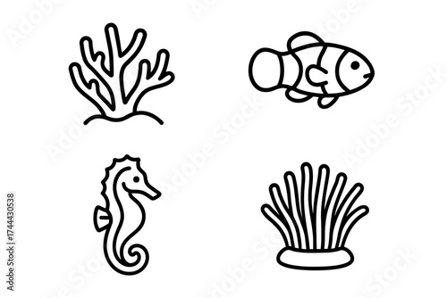 Marine icons: coral, clownfish, seahorse, and seaweed illustrations