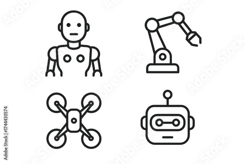 Set of robotics icons featuring drone, robot, robotic arm, and ai head