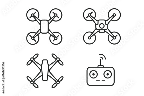 Line art drone and remote control icons in various configurations