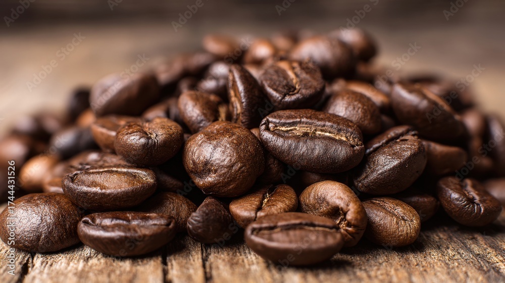 Fototapeta premium A pile of coffee beans on a wooden table. The beans are of different sizes and shapes, and they are spread out in a random pattern. Concept of abundance and variety