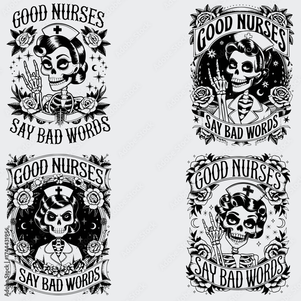 Fototapeta premium Good Nurses Say Bad Words Nurse Quotes SVG Bundle, Nurse Gift Shirt SVG, Skeleton SVG, Profession SVG, Flower SVG, Nurse Gift T-shirt Design, SVG Cut File For Cricut, Silhouette, Vector