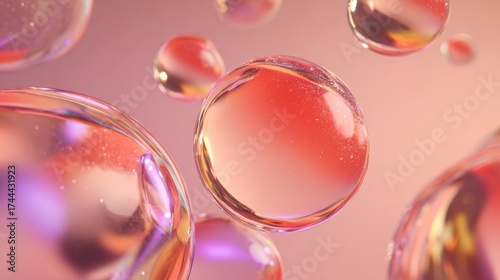 Clear Water Droplets Floating on a Soft Pink Background With Light Reflections and Textures, Creating a Calming and Peaceful Atmosphere