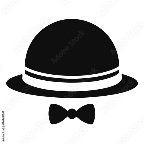 Classic black bowler hat with bow detail vector on white background.