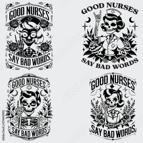 Good Nurses Say Bad Words Nurse Quotes SVG Bundle, Nurse Gift Shirt SVG, Skeleton SVG, Profession SVG, Flower SVG, Nurse Gift T-shirt Design, SVG Cut File For Cricut, Silhouette, Vector