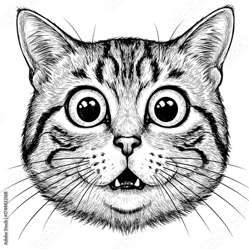 Realistic cat illustration with large eyes and surprised expression  