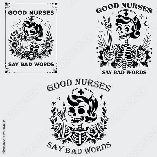 Good Nurses Say Bad Words Nurse Quotes SVG Bundle, Nurse Gift Shirt SVG, Skeleton SVG, Profession SVG, Flower SVG, Nurse Gift T-shirt Design, SVG Cut File For Cricut, Silhouette, Vector