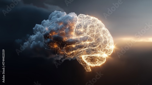 Glowing Neural Brain Network Against Dark Dramatic Sky