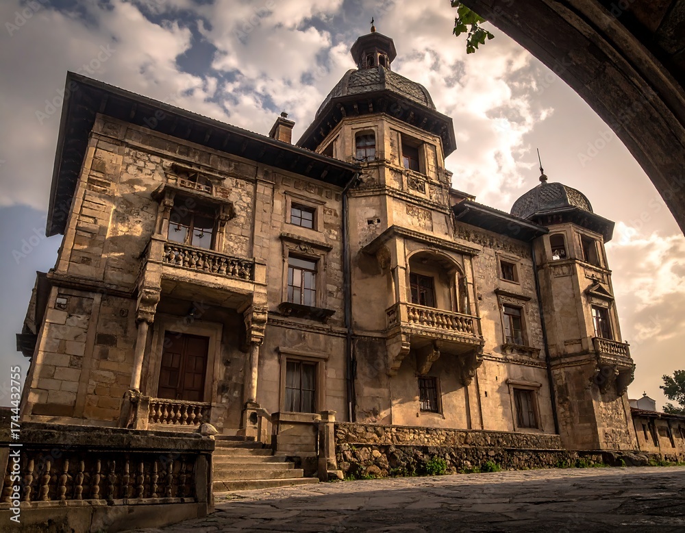 Obraz premium Ornate stone building exterior with balconies and dome
