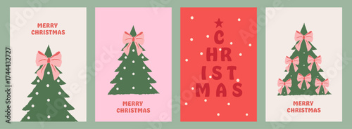 Merry Christmas and New Year greeting card set. Vintage hand-drawn design with an Xmas tree decorated with bows, snowflakes, and typography. Minimal modern vector posters, covers, or holiday banners.
