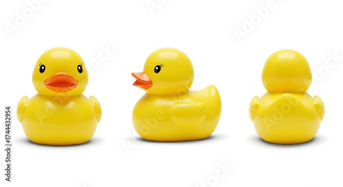 Set of front, side and back views of yellow rubber duck isolated on white background