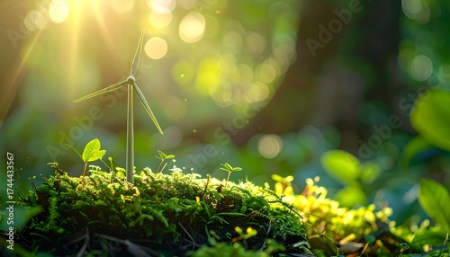 Miniature wind turbine on mossy ground bathed in sunlight, natural setting