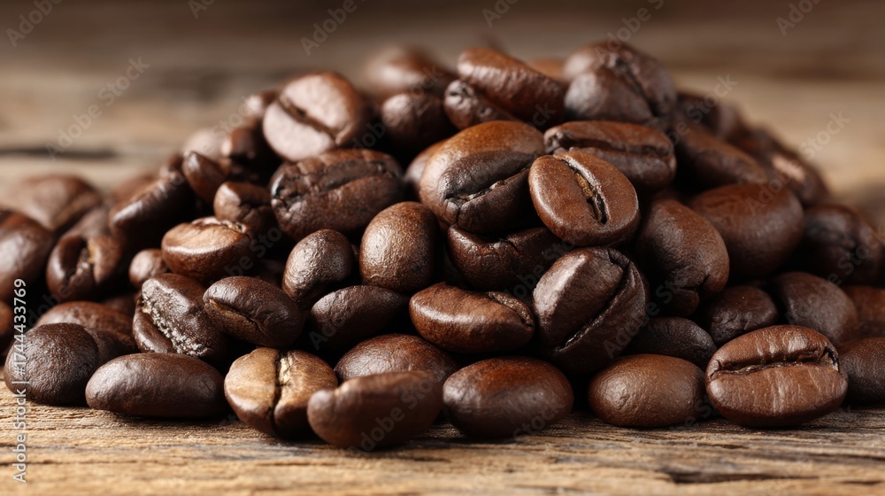 Naklejka premium A pile of coffee beans on a wooden table. The beans are of different sizes and shapes, and they are spread out in a pile. Concept of abundance and variety