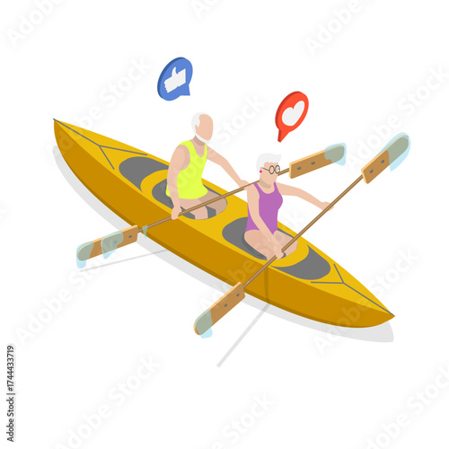 3D Isometric Flat Vector Illustration of Elderly Couple Having Fun, Delight In Outdoor Adventures. Item 2