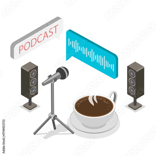 3D Isometric Flat Vector Illustration of Podcast Scenes Set, Broadcasting, Online radio and Audio Streaming. Item 1