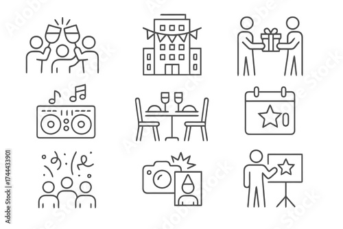 Set of 9 thin line editable icons for year-end corporate and social parties, including teamwork celebrations, awards, dinners, and gifts.