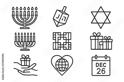Collection of 9 linear icons about global holiday traditions, featuring candles, stars, cultural unity, and festive gift exchanges.