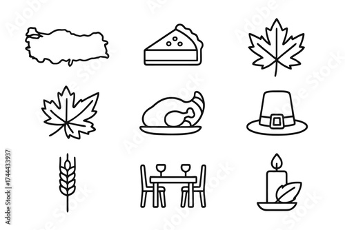 Collection of 9 linear icons celebrating November holidays, featuring cornucopia, candles, pilgrim hats, and family dinners.